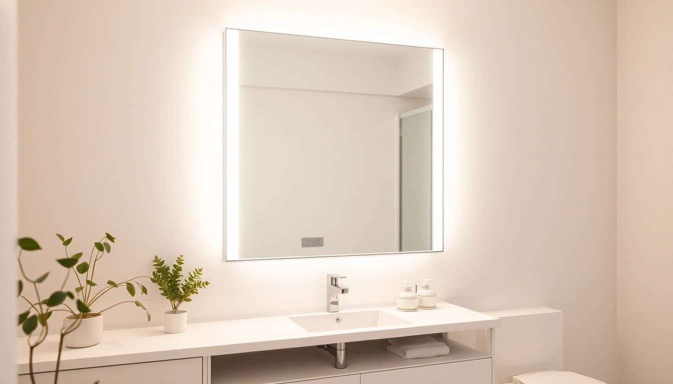 Illuminated elegant led mirror enhancing a modern bathroom ambiance.