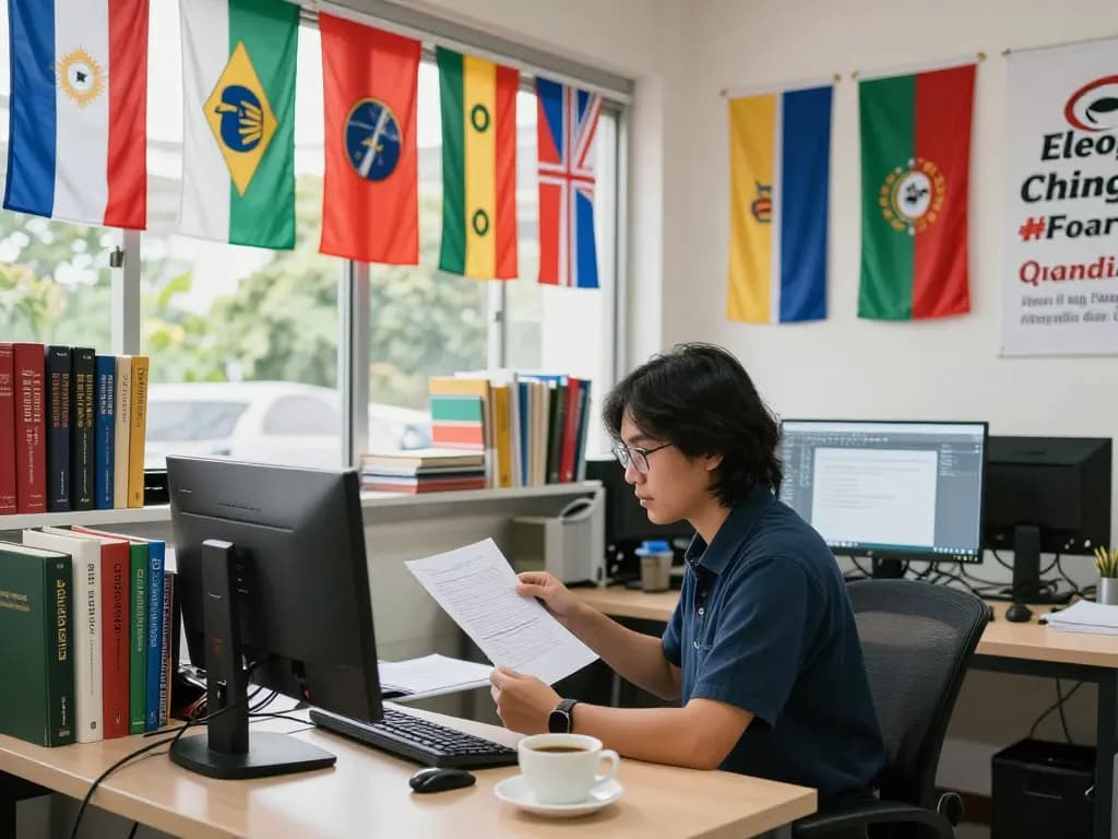 Translation Services in Chiang Mai office with a translator at work amidst multilingual books, flags, and software.