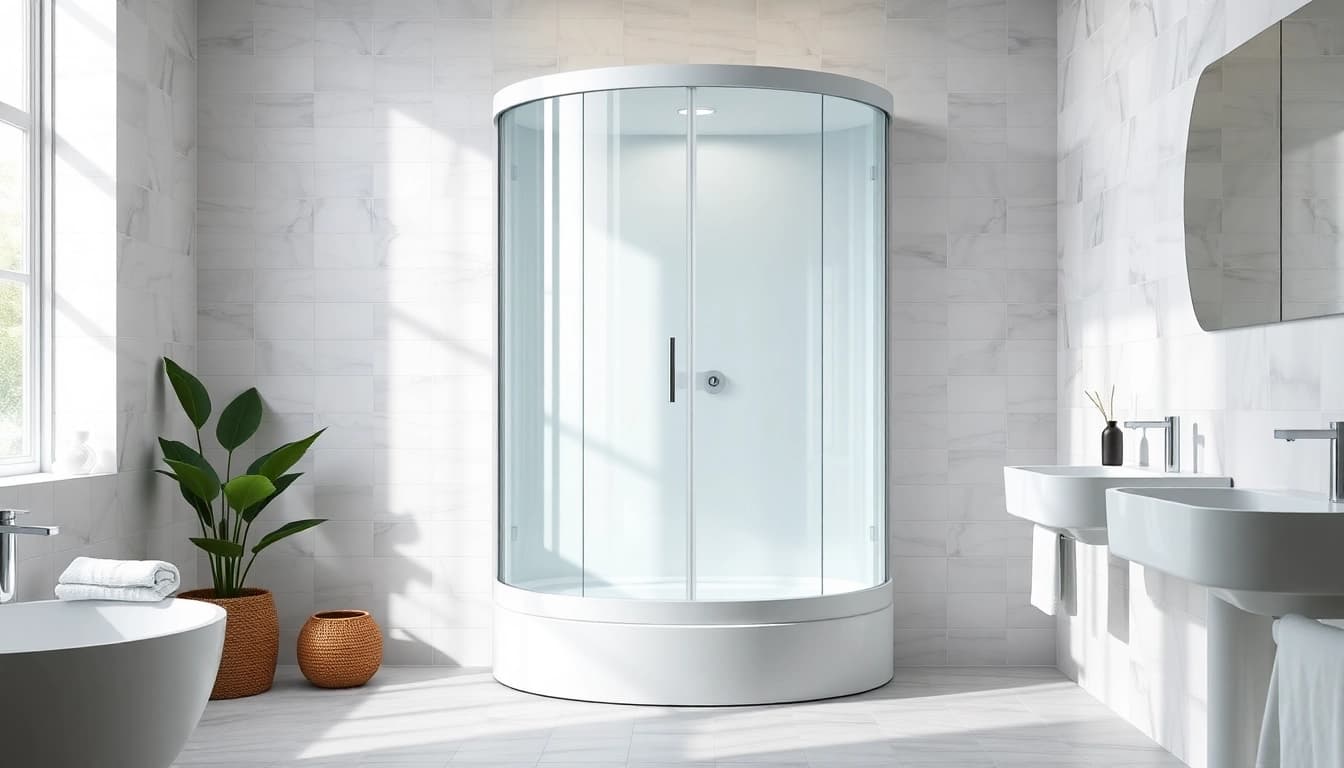 Erleben Sie die sonni Duschkabine 100x100 in einem eleganten Badezimmer-Setup mit hellen Farben und modernen Akzenten.