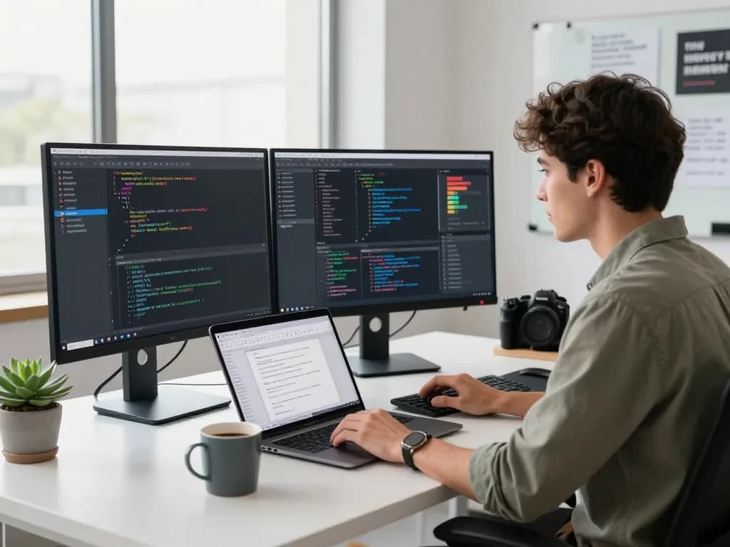 Developer coding with WPS 下载 interface on screens in a bright office.