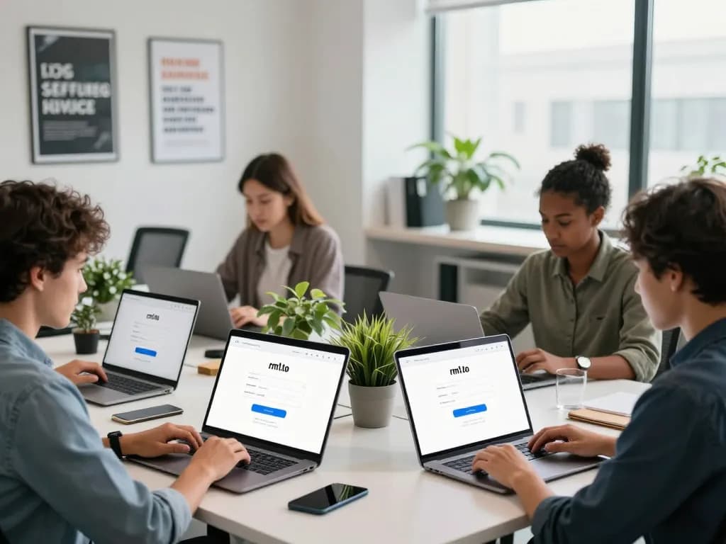 Secure rm1.to login process depicted by diverse users accessing their accounts in a modern office setting.