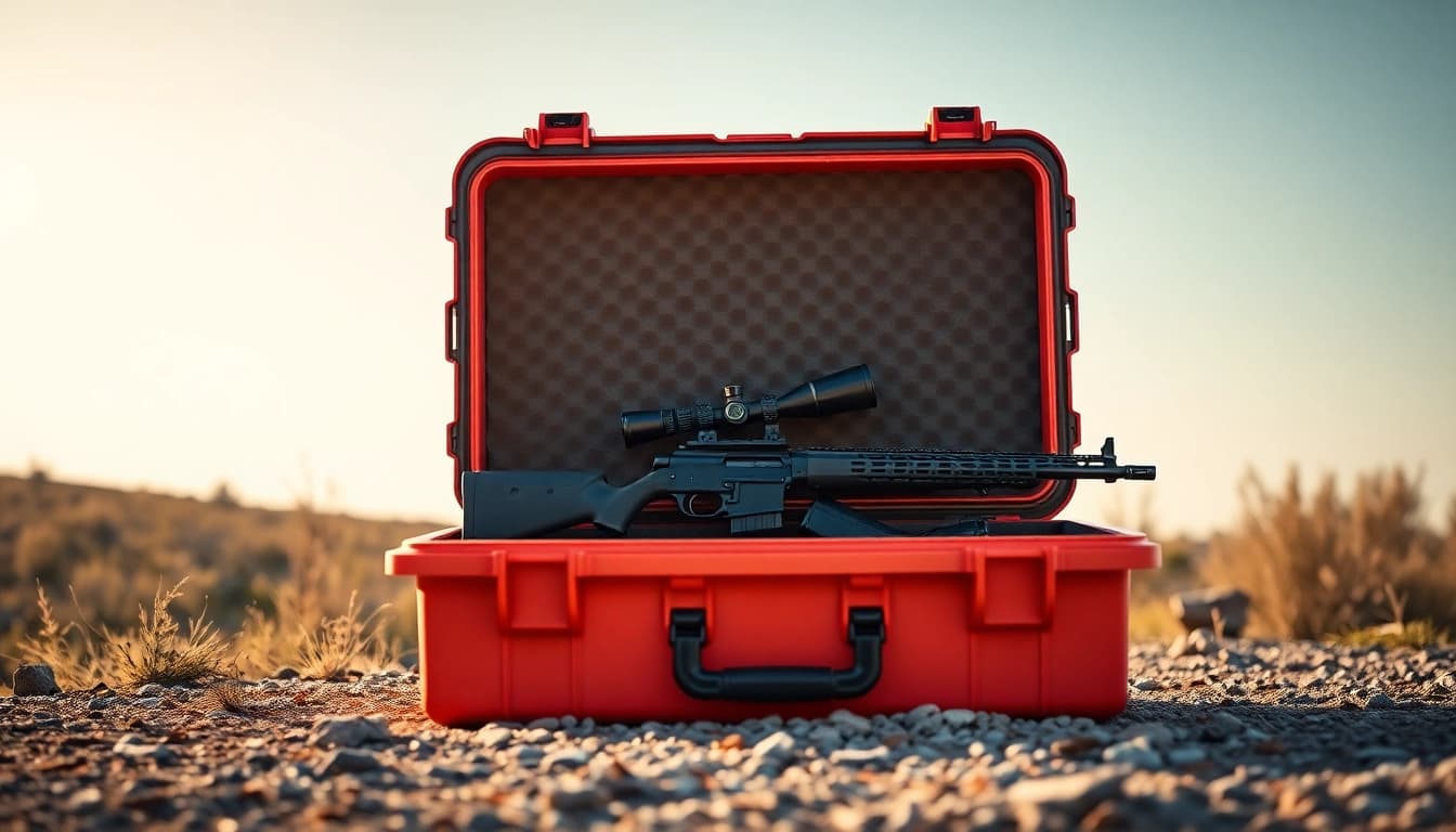 Shop pelican gun case for sale featuring rifles securely stored in nature's backdrop.