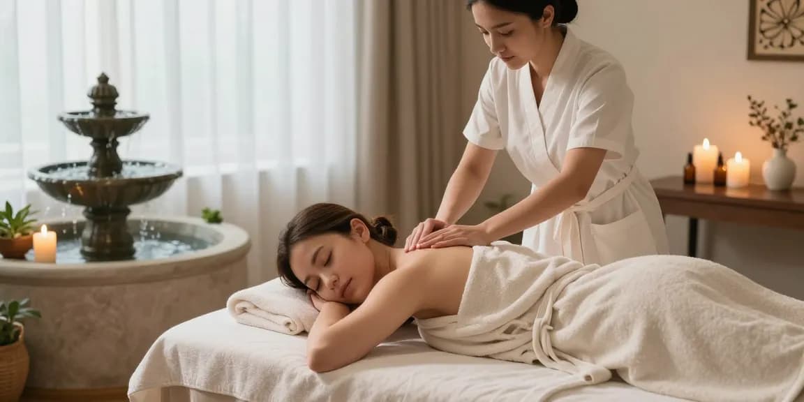 Young woman relaxing during a 동탄출장안마 massage at home spa with calming ambiance.