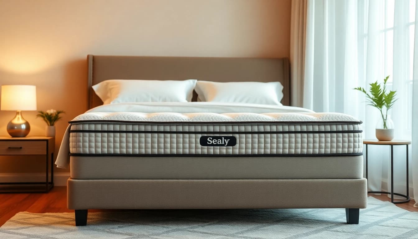 Experience comfort with the Sealy high point mattress in a beautifully designed bedroom setting.