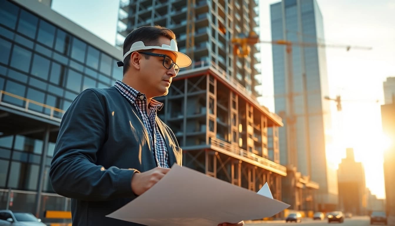 Manhattan Commercial General Contractor examines construction plans on a busy Manhattan site.