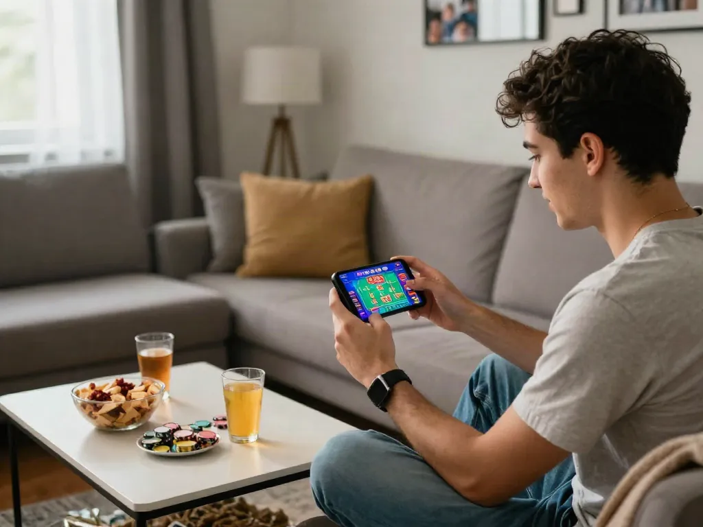 Exciting m88 link mobile casino experience on a smartphone, cozy living room setup with colorful game graphics.