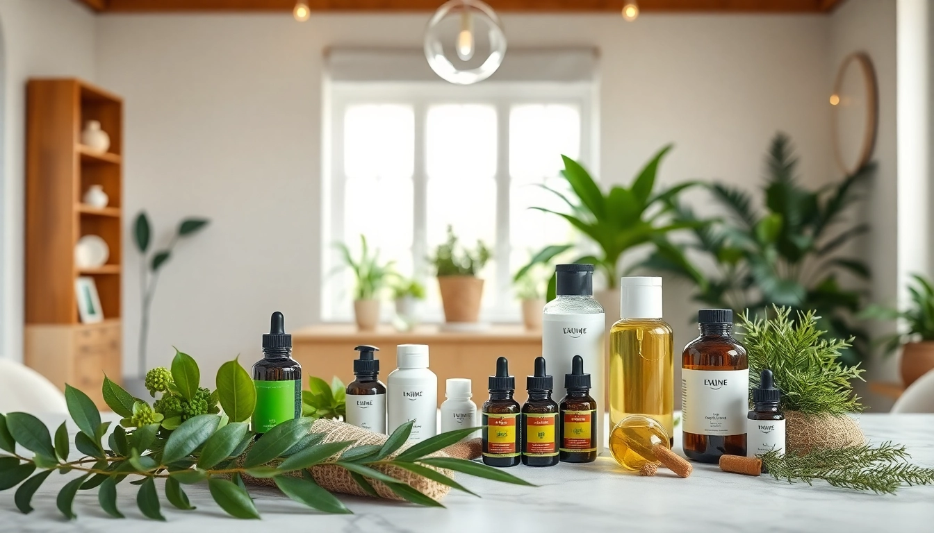 Showcase of wellness products at https://amc-essentials.com/ with a vibrant, serene ambiance and essential oils.