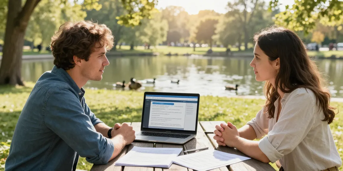 Couple discussing how can you get rid of a timeshare at a picnic table in a park with documents and a laptop.