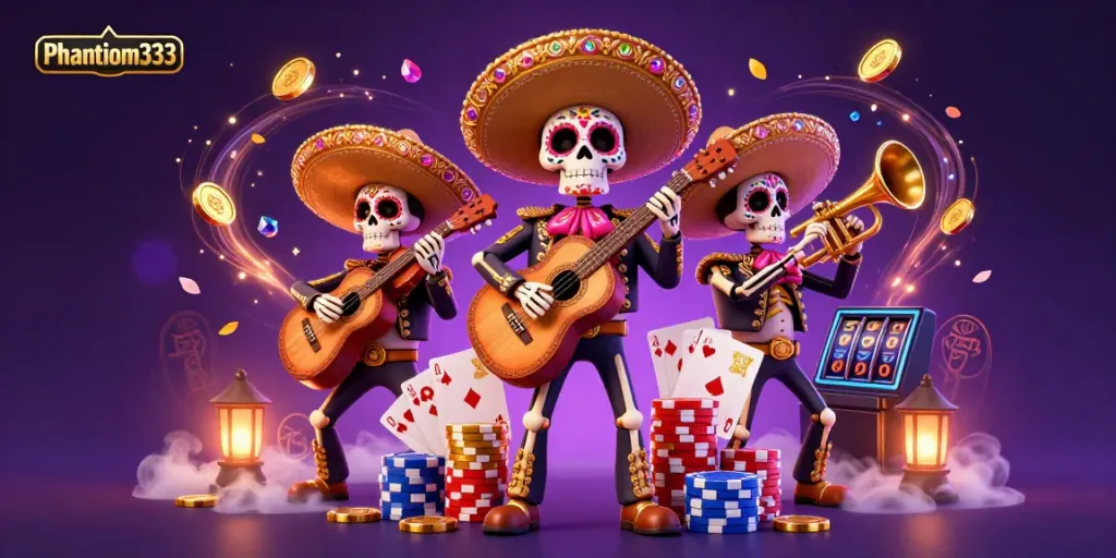 Experience thrilling gameplay at Phantom333 with colorful mariachi musicians, coins, and exciting casino elements.
