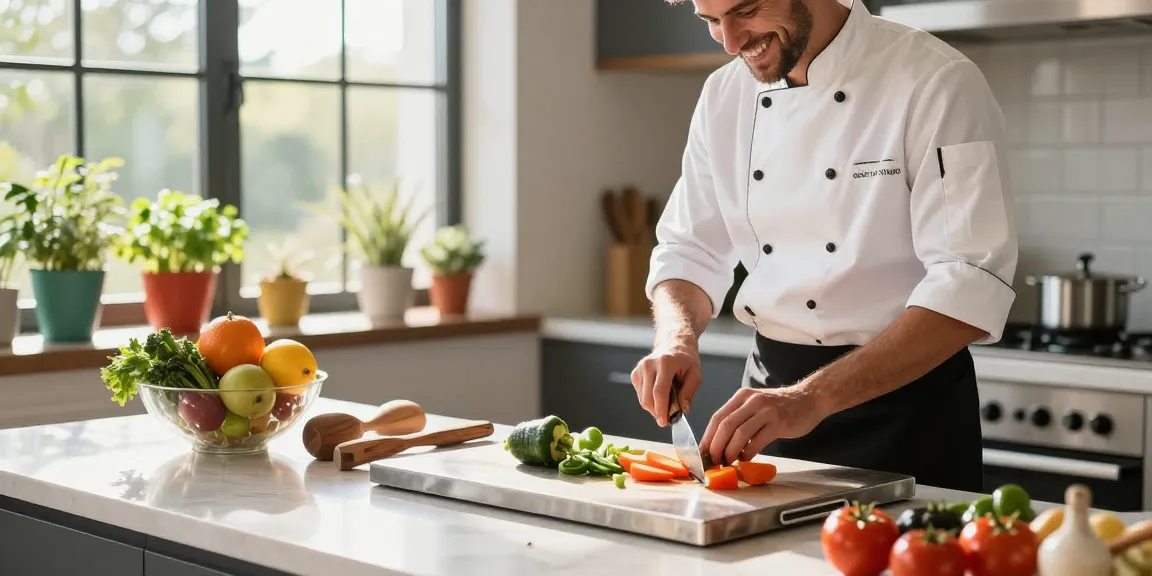 Professional chef slicing vegetables on a premium titanium cutting board in a bright kitchen.