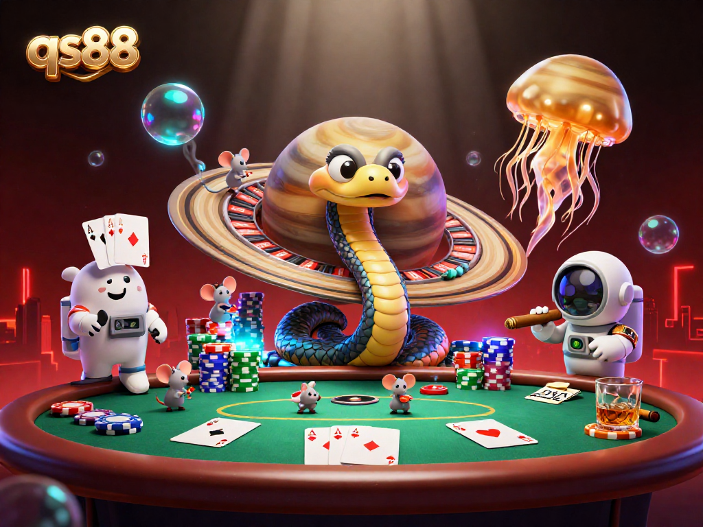 Betting on the qs88 roulette wheel with a cosmic dealer amidst vibrant casino action