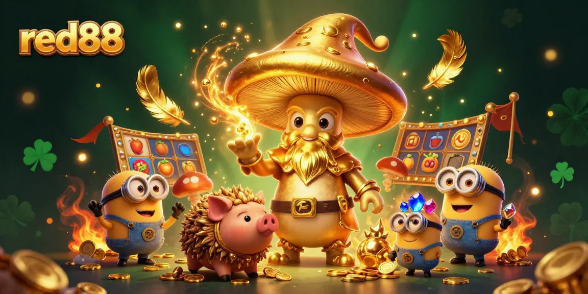 red88 slot game illustration featuring a golden mushroom wizard and treasure elements.