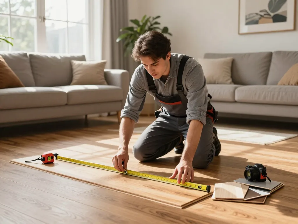 Flooring specialists near me in a cozy living room inspecting hardwood floors during installation.