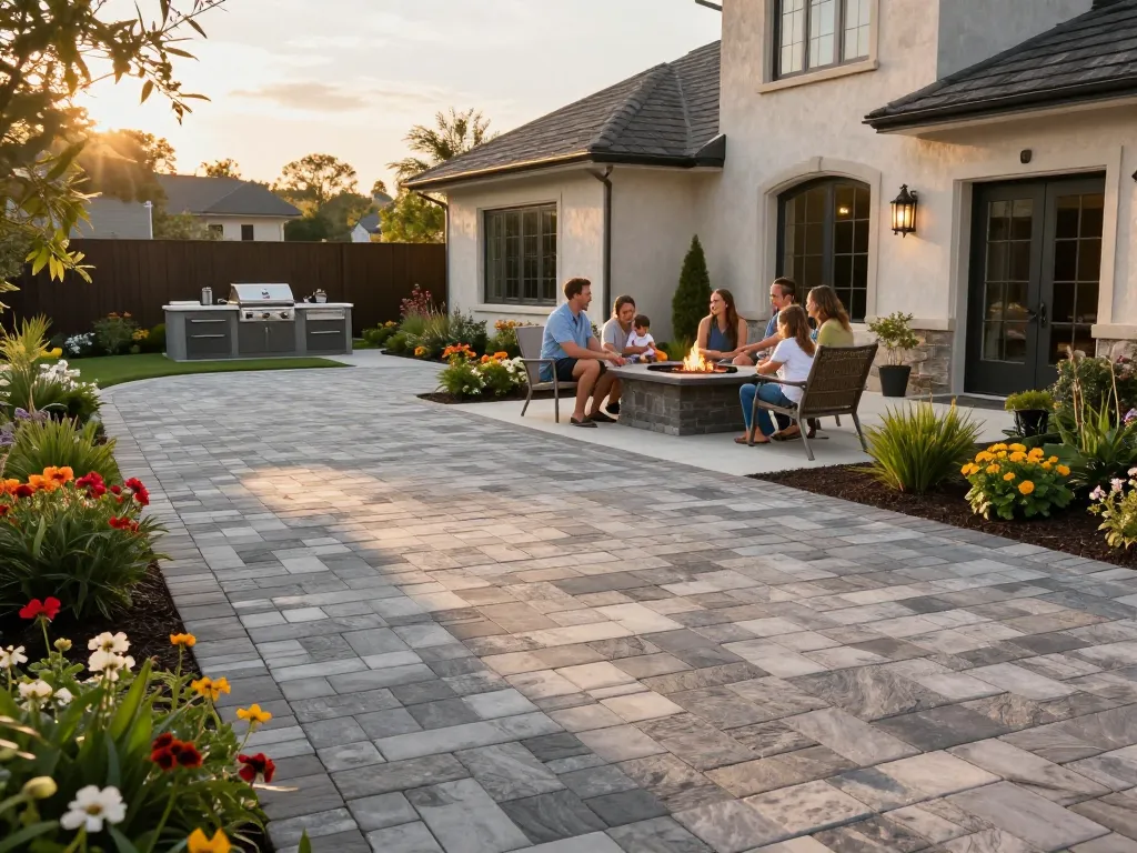 Paver driveway near me showcasing an elegant home with vibrant landscaping and family enjoying outdoor living.