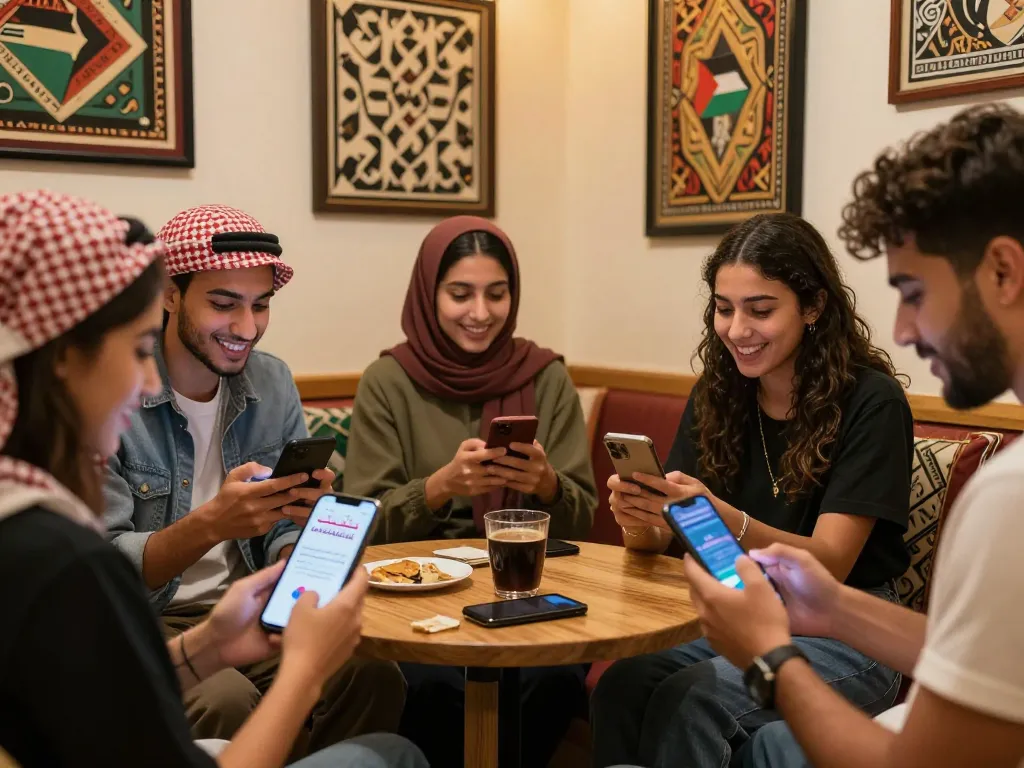 Engaging chat interactions on شات فلسطين platform among young Palestinians in a culturally rich environment.
