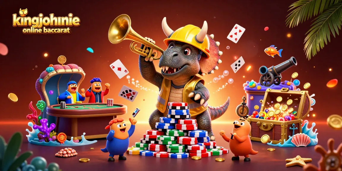 Enjoy kingjohnnie online baccarat with a festive scene featuring cartoon dinosaurs and casino elements.