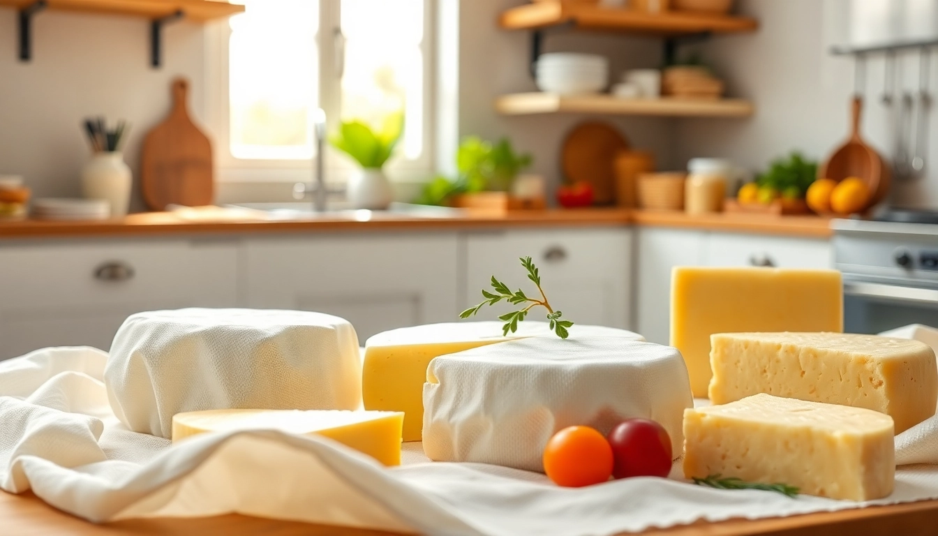 Kaasdoek gedetailleerd met verschillende soorten kaas in een elegante keuken.