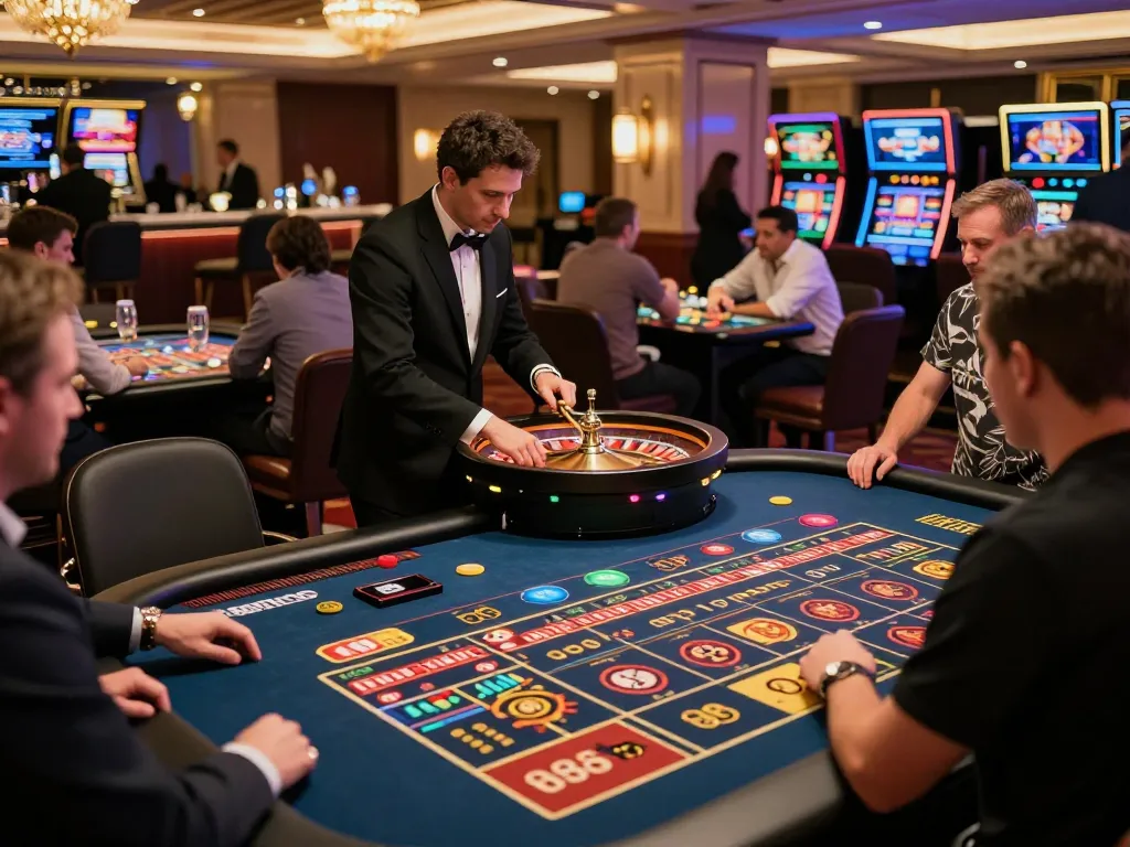 Players betting at 88xeng's roulette tables amid vibrant casino atmosphere