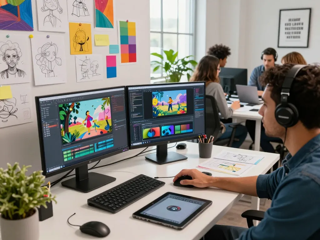 Creative professional using Kling motion ai in a vibrant studio setting, showcasing AI video design.