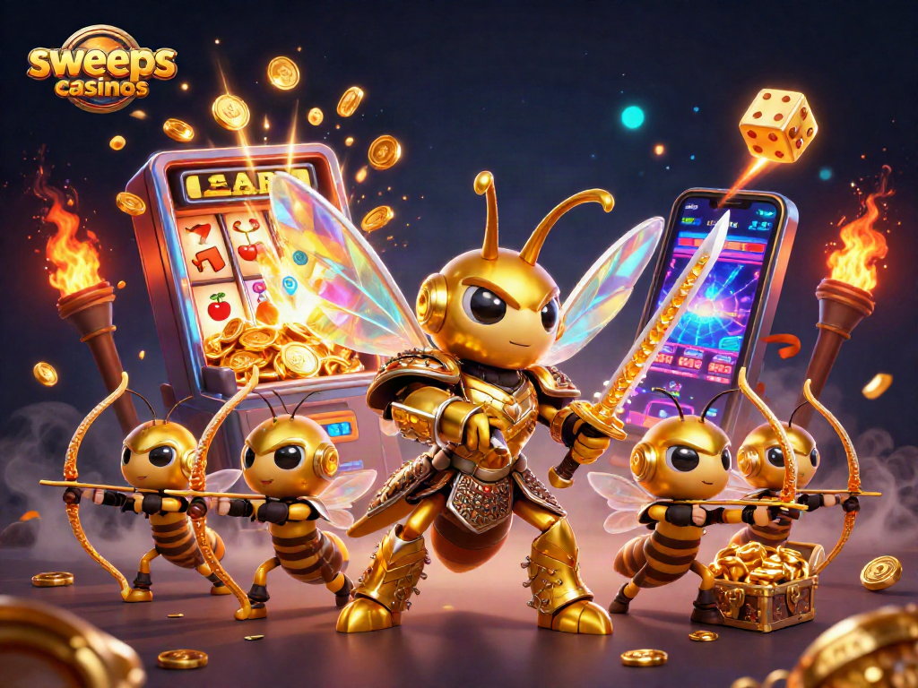 Sweeps casinos feature a giant hornet in samurai armor battling through a lively jackpot explosion!