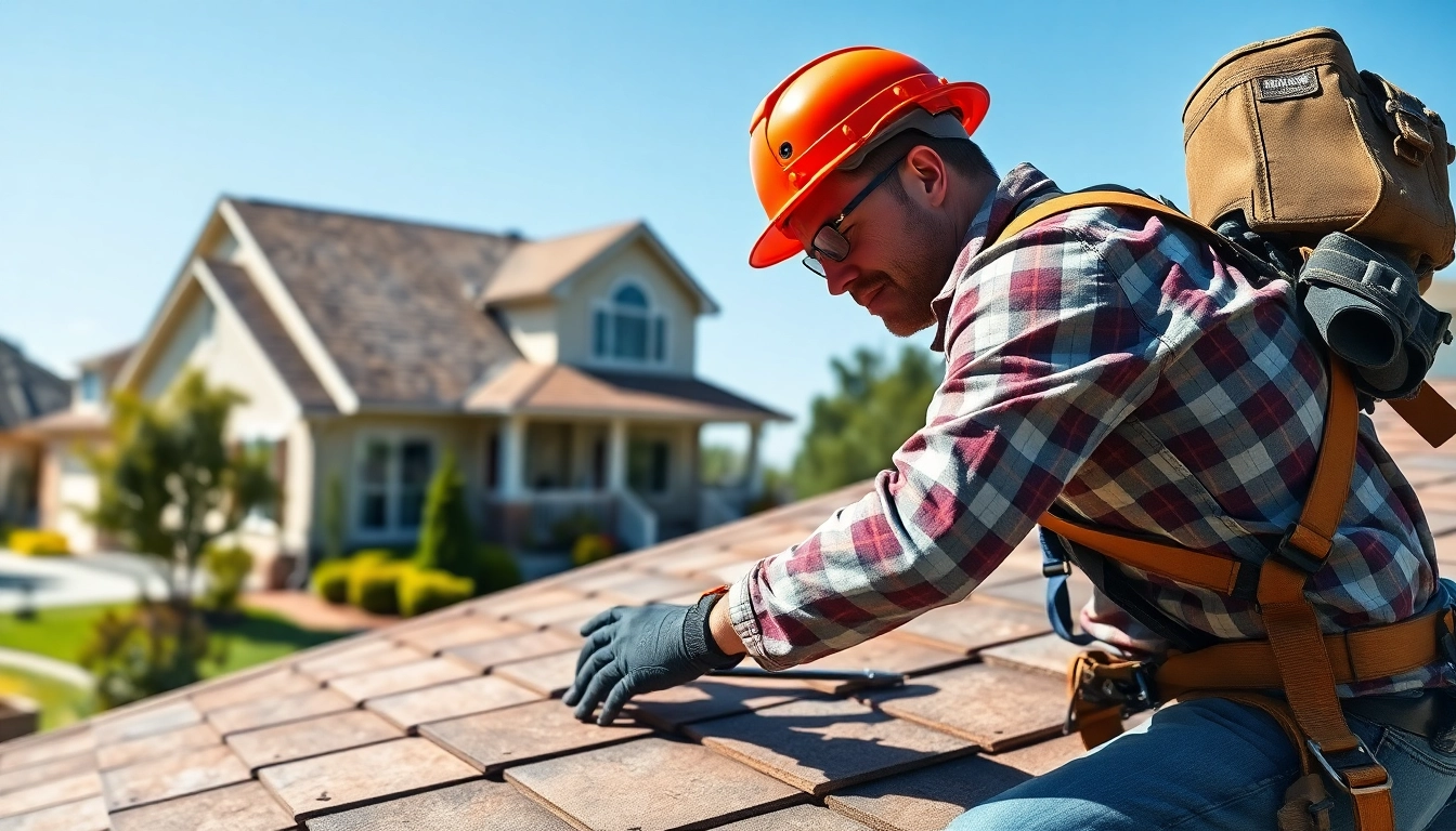 Roofing contractor repairing a residential roof with high-quality materials in a sunny setting.