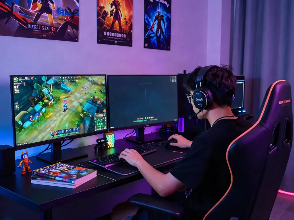 Player engaged in ROKOK88 leveling strategies with immersive gaming setup.