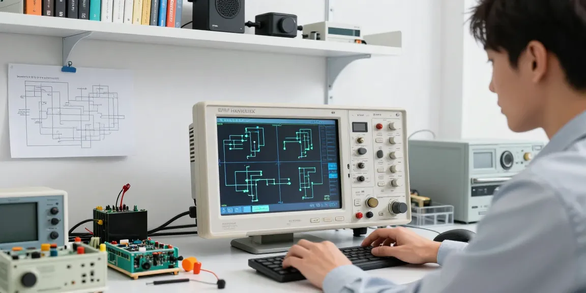 Engineer using the HANMATEK® DOS1104 desktop oscilloscope for circuit testing, showcasing a 4-channel oscilloscope in a modern lab.