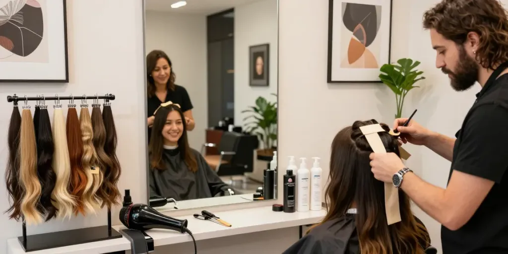 Transformative application of tape in hair extensions in a chic salon setting.