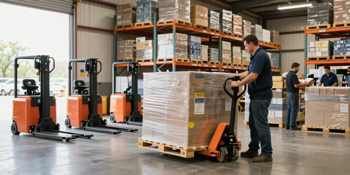 Operator using the best pallet truck in Dallas in a busy warehouse, showcasing electric stackers and scissor lifts.