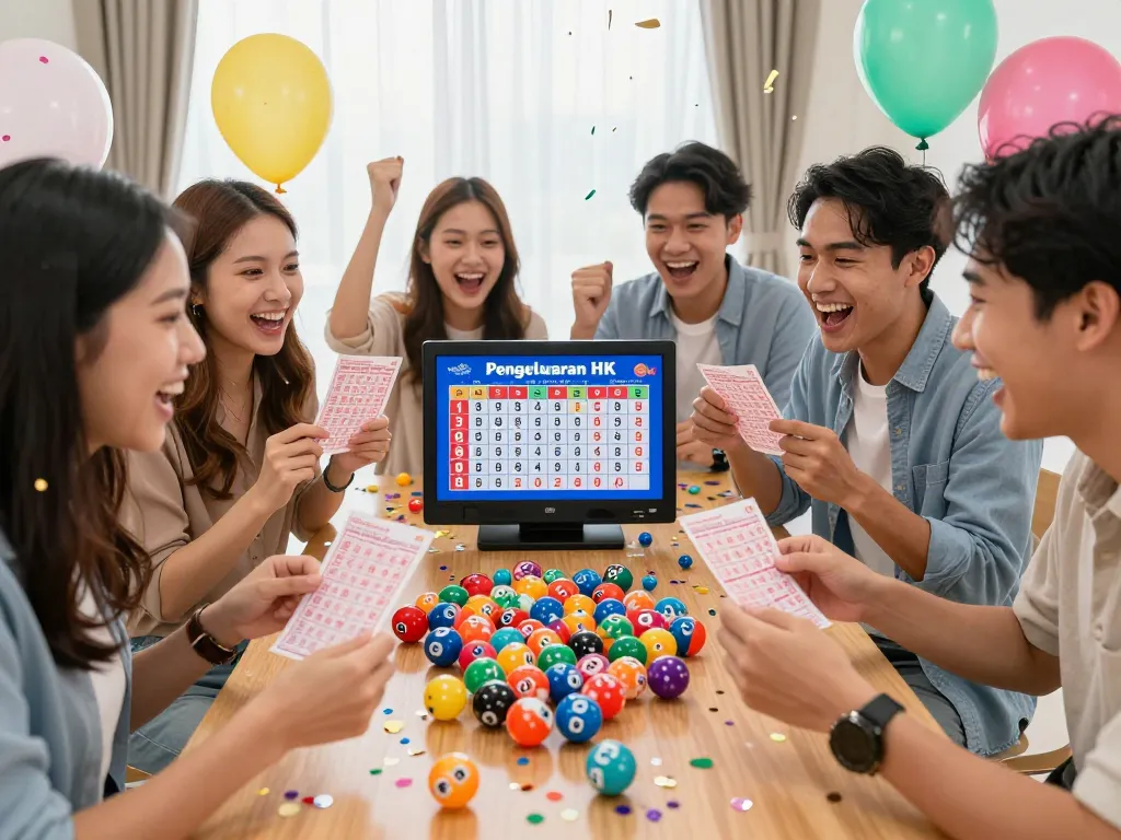 Teman-teman yang bersemangat merayakan hasil Pengeluaran HK Lotto dengan bola lotere berwarna-warni dan tampilan digital dalam suasana meriah.