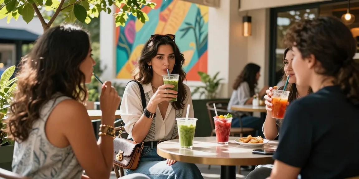 Stylish woman enjoying a vibrant smoothie in a chic outdoor cafe, emphasizing her unique style and trendy outfit.