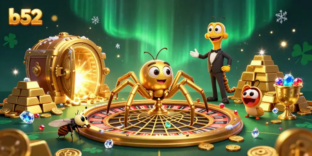 Experience thrilling bets at B52 within a dynamic casino scene featuring a golden spider and croupier.