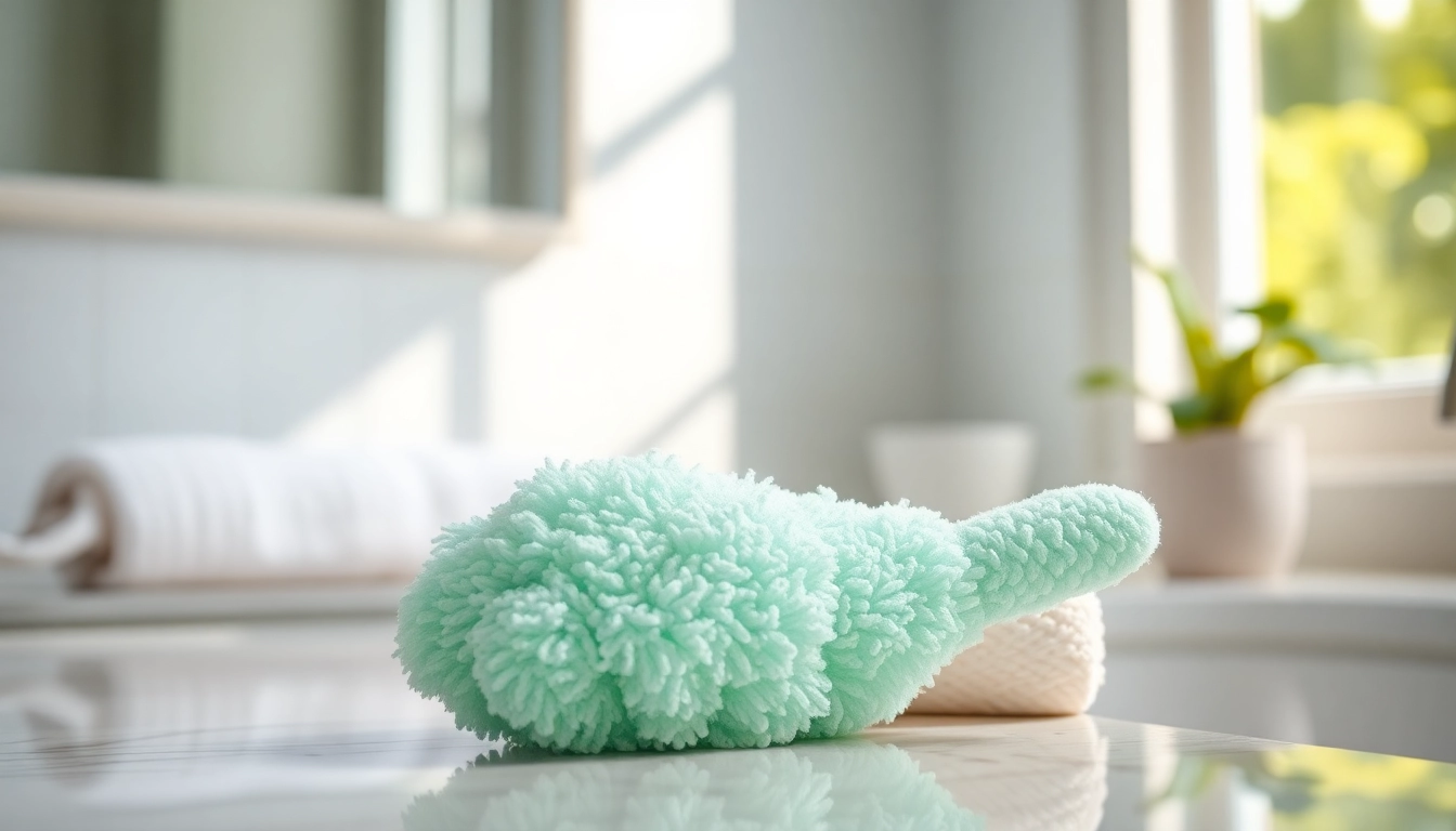 Hand loofah glove showcasing textured surface and vibrant colors on a bathroom countertop.