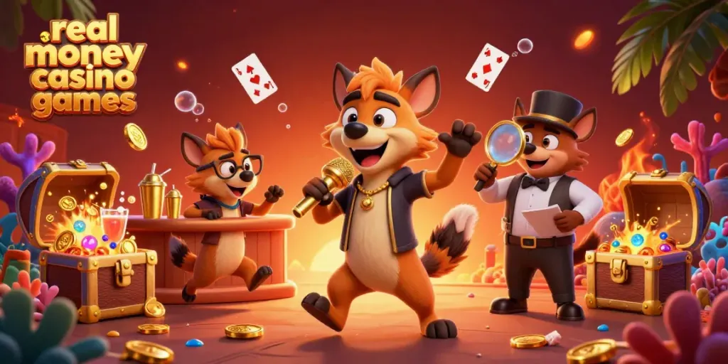 Hyenas entertain in a vibrant casino scene promoting real money casino games, featuring a golden microphone and treasure elements.