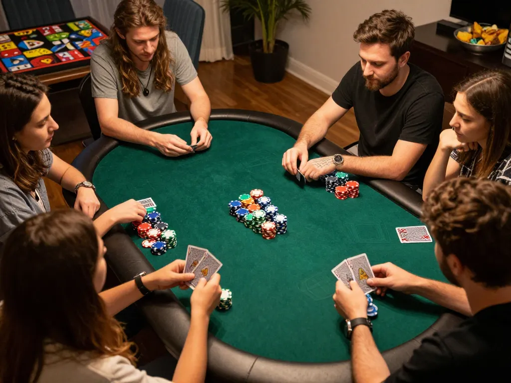Thưởng thức một đêm poker hấp dẫn tại nhà với bạn bè đang chiến lược qua trò chơi Link 12bet, những viên chip đầy màu sắc và ánh sáng ấm áp.