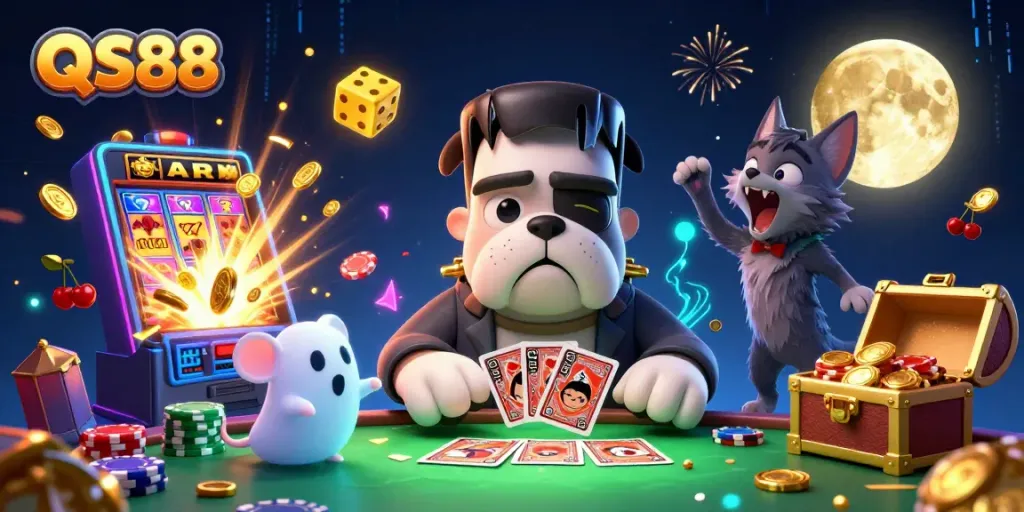 Engage with exciting games at QS88, featuring a vibrant 3D casino scene with unique characters.