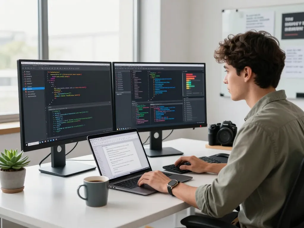 Developer coding with WPS 下载 interface on screens in a bright office.