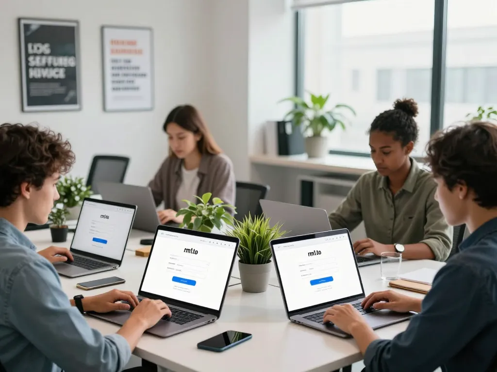 Secure rm1.to login process depicted by diverse users accessing their accounts in a modern office setting.