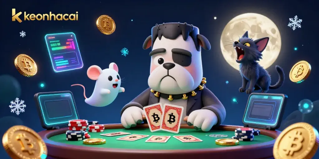 Engage with the casino excitement on keonhacai featuring a Frankenstein bulldog monster dealing cards amidst neon Bitcoin and Ethereum coins.