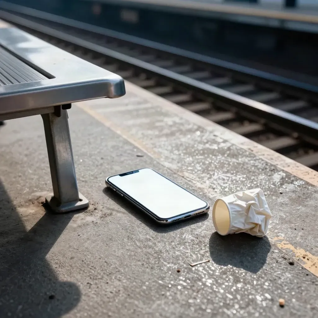 Phone on a subway ledge flashes a preview beside a bench and paper cup.