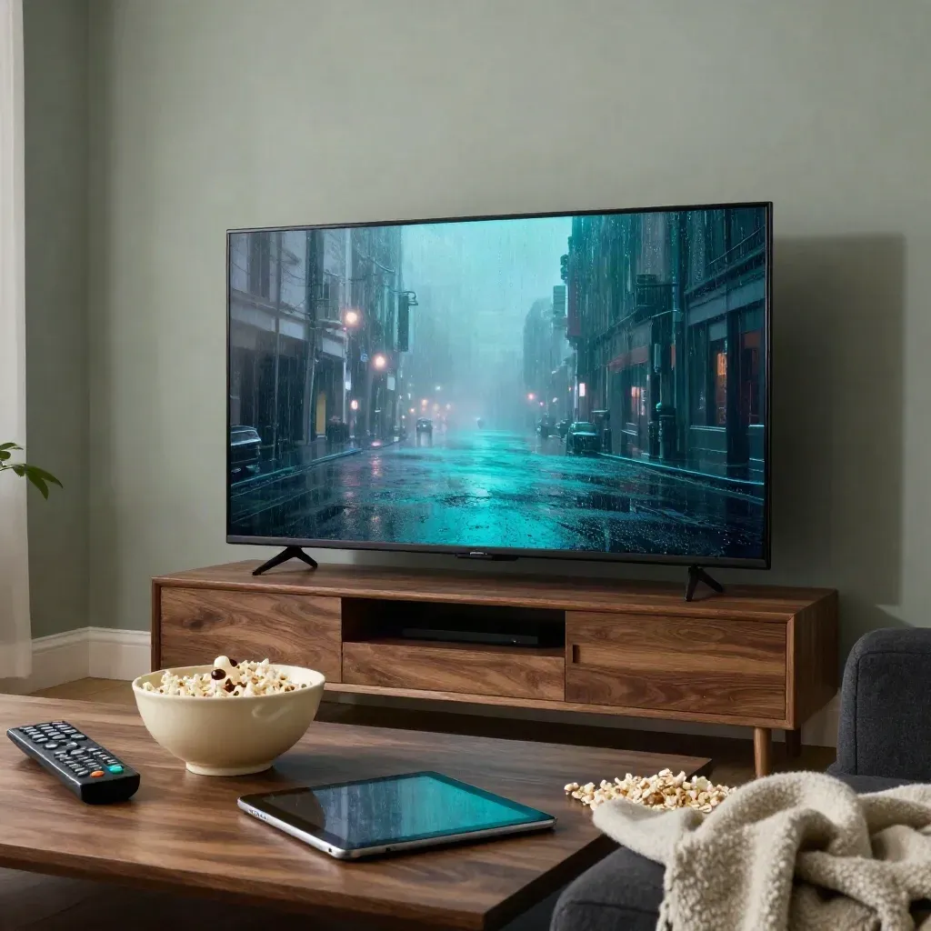 Rainy living room with glowing TV, popcorn bowl, remote, throw, and tablet.