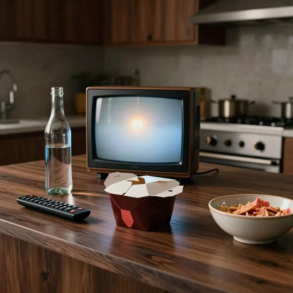 Glowing TV on a midnight kitchen island with takeout, remote, water bottle, and snack bowl.