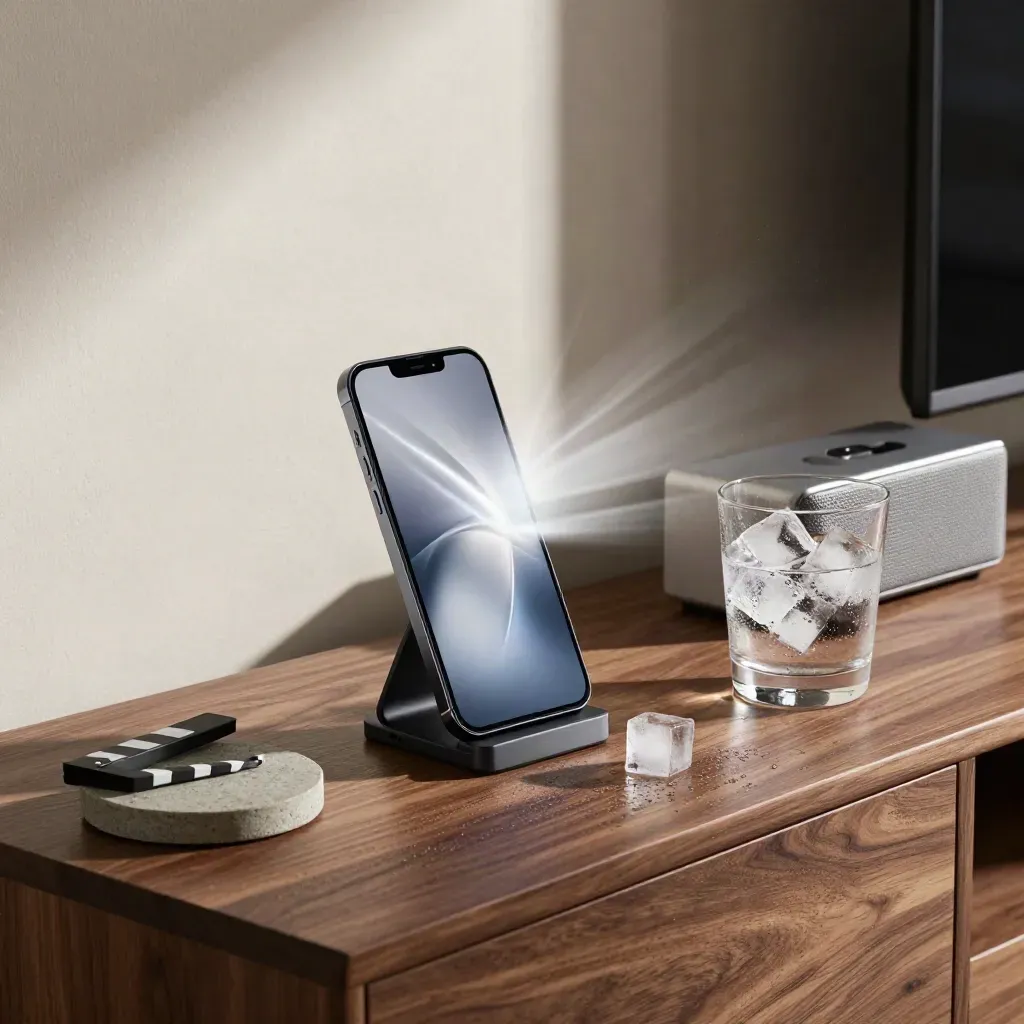 Phone on a stand, clapper coaster, compact speakers and an ice glass on a walnut console.