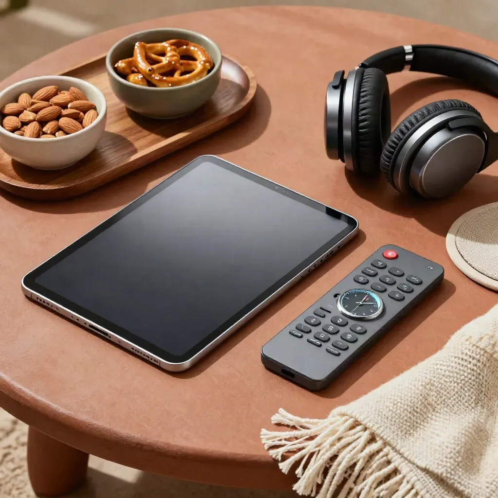Overhead weekend watch plan on a terracotta coffee table with tablet, phone, remote, headphones and snacks.