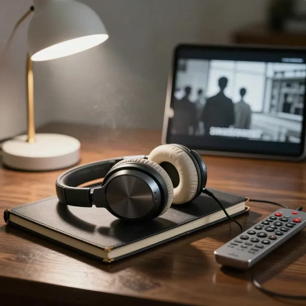 Dim true-crime streaming desk with headphones, lamp, notebook, and a blurred tablet frame.