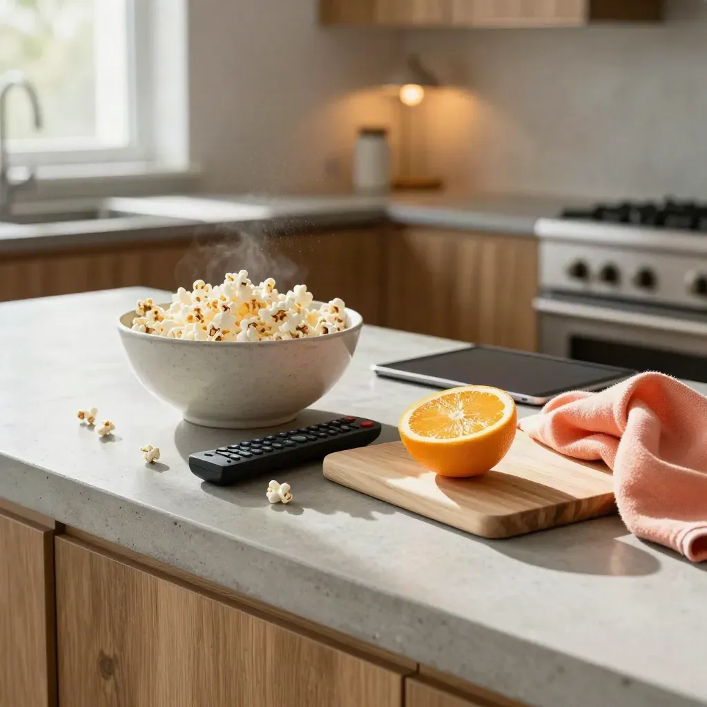 Kitchen counter with popcorn bowl, remote, citrus, folded coral throw and a tablet in warm afternoon light.