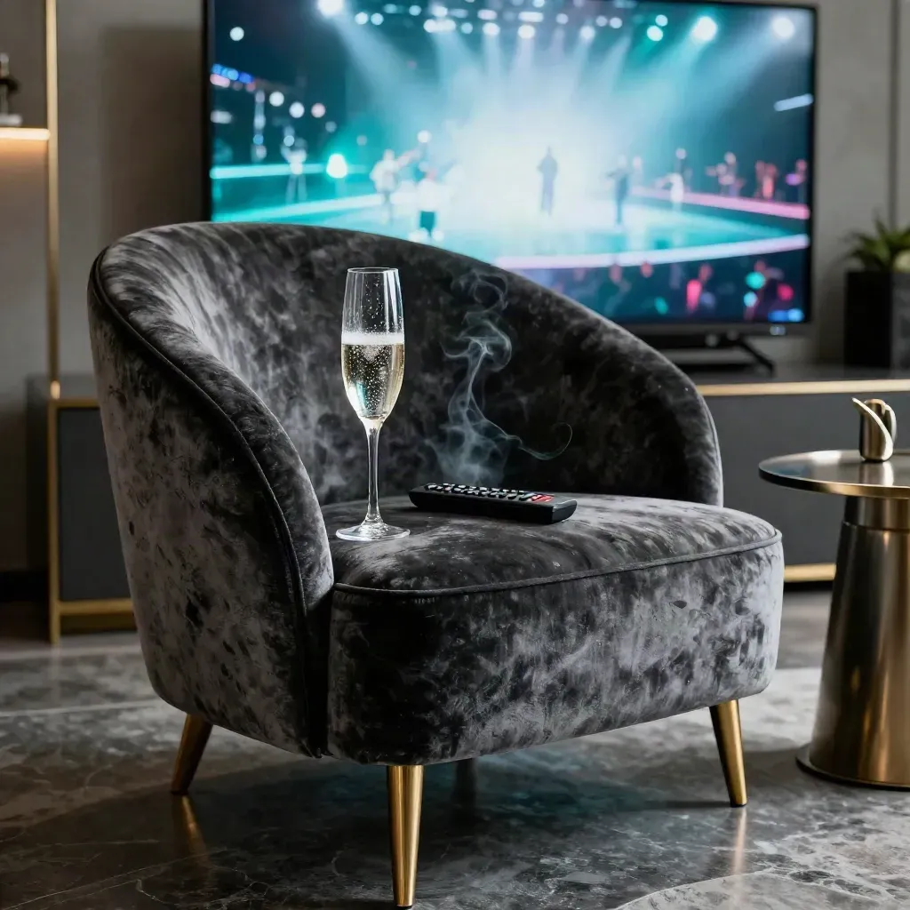 Champagne flute, remote, velvet chair and TV glow in a luxury lounge after awards show.