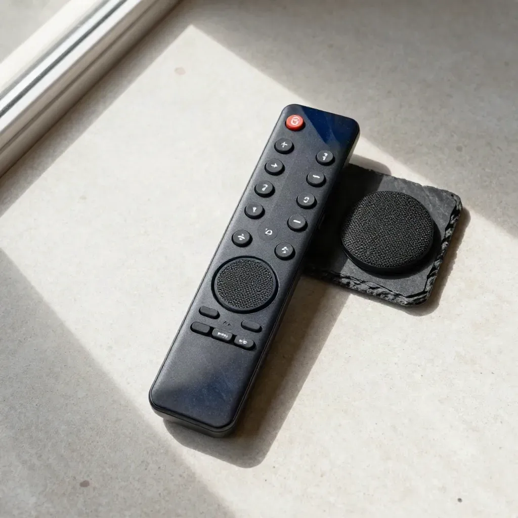 Overhead flatlay of a black remote, tiny speaker, and clapper coaster on pale stone.