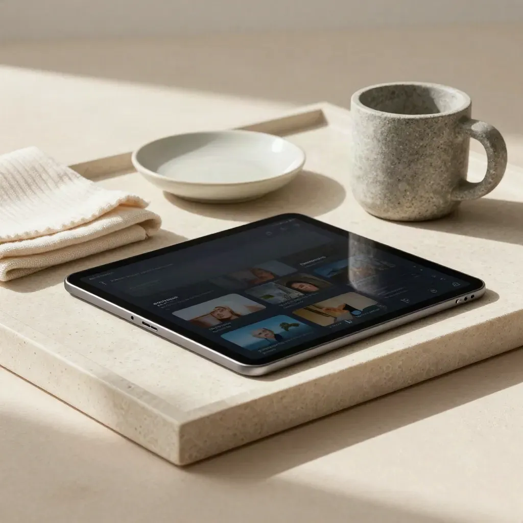 Tablet with cloth, dish, and mug on a stone tray in soft daylight