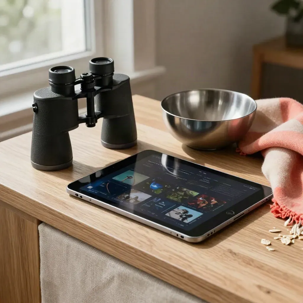 Tablet, binoculars, metal bowl and scarf on a pale oak surface in soft window light.